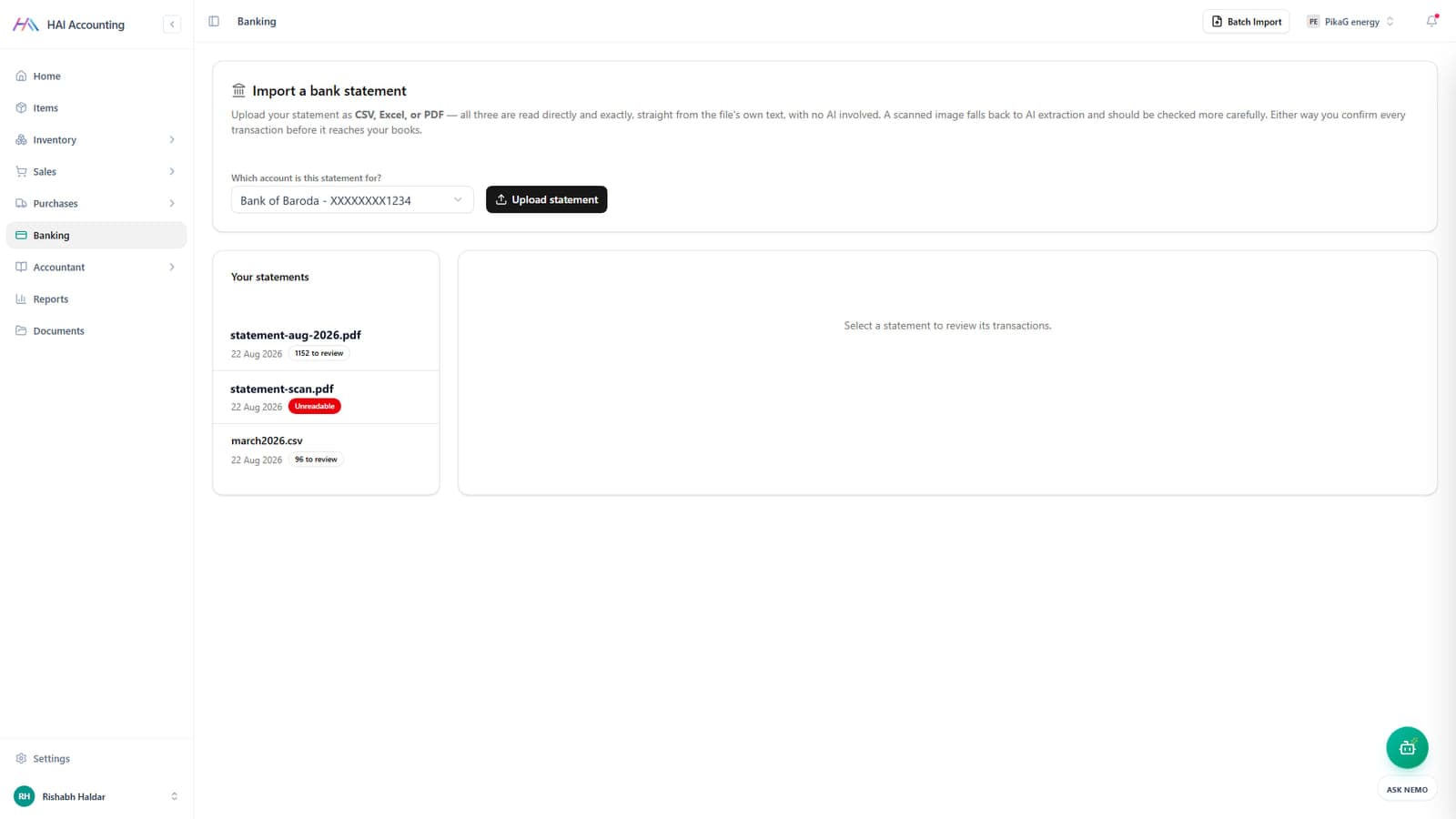 HAI Accounting bank statement import screen with queued statements