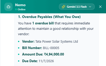 The Nemo assistant listing an overdue bill with its vendor, bill number, amount due and due date