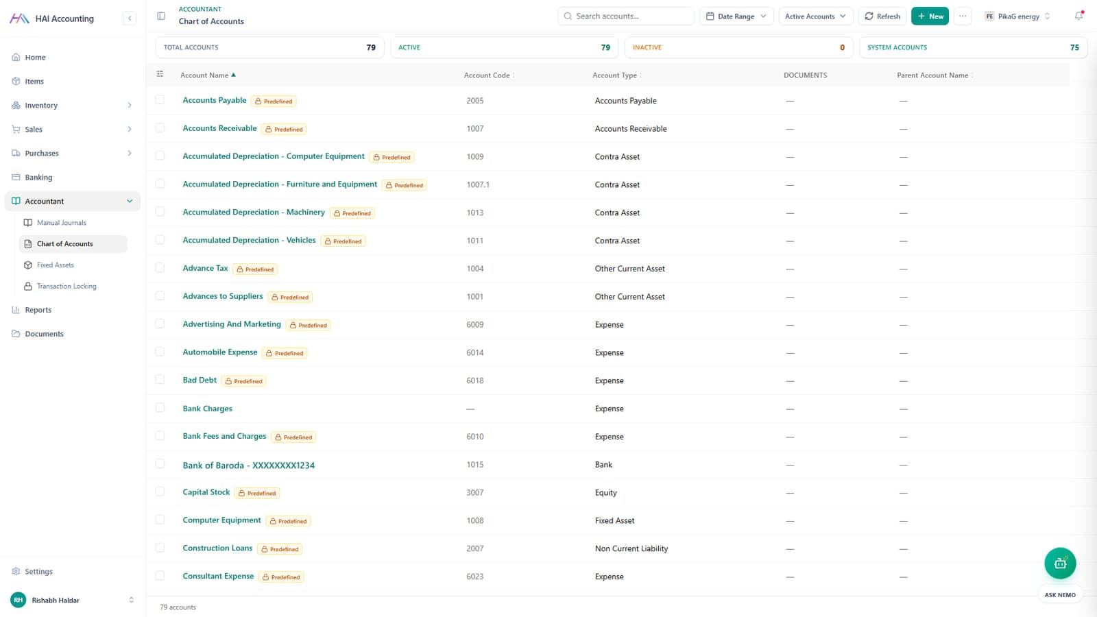 HAI Accounting chart of accounts with account codes, types and predefined tags