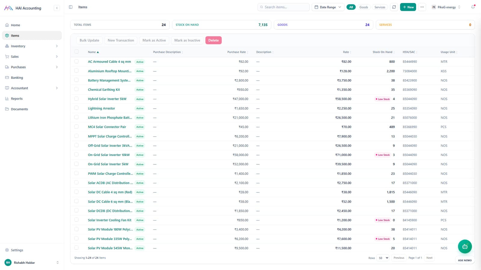 HAI Accounting item catalogue with HSN codes, rates and stock on hand