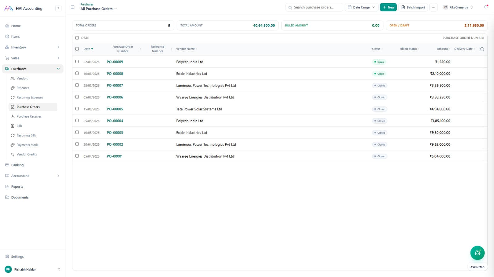 HAI Accounting purchase order list with vendors, status and amounts